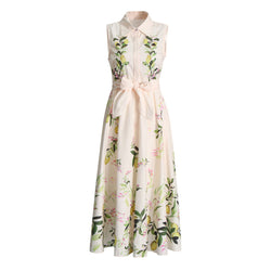 Elegant Fruit Printed Folded Collar Button Up Sleeveless Tie Belt Midi Dress