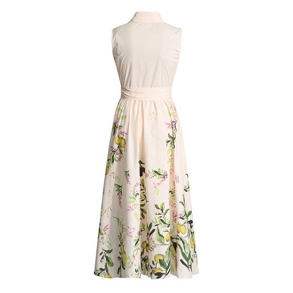 Elegant Fruit Printed Folded Collar Button Up Sleeveless Tie Belt Midi Dress