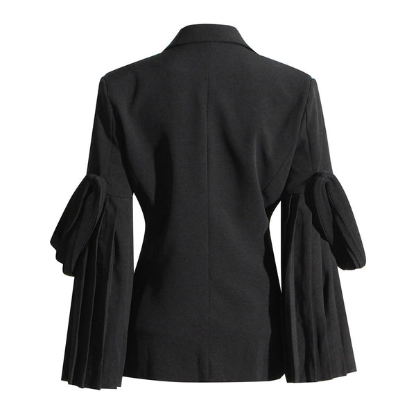 Elegant Lape Crystal Single Breasted Draped Pleated Long Sleeve Blazer