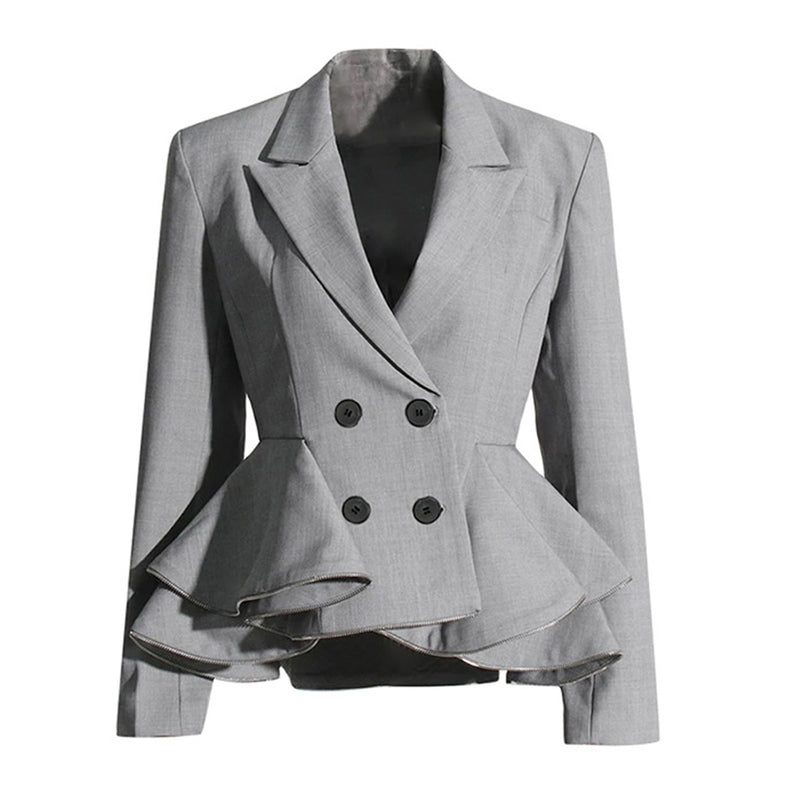 Elegant Lapel Long Sleeve Double Breasted Zip Trim Tiered Peplum Blazer