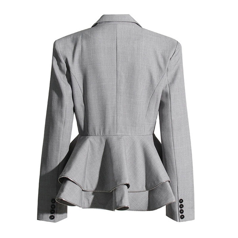 Elegant Lapel Long Sleeve Double Breasted Zip Trim Tiered Peplum Blazer