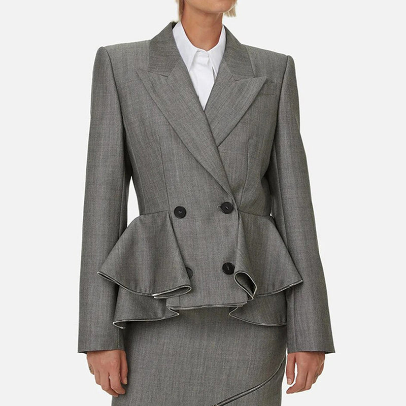 Elegant Lapel Long Sleeve Double Breasted Zip Trim Tiered Peplum Blazer