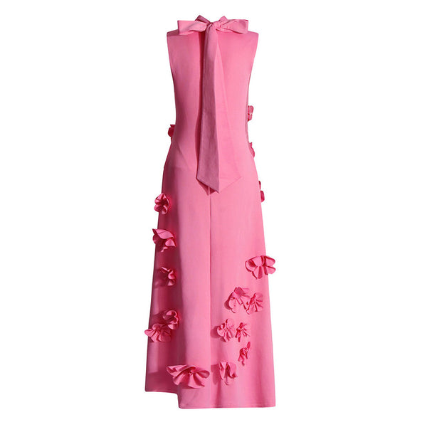 Elegant Mock Neck Bow Tie Back Sleeveless A Line Rosette Midi Dress