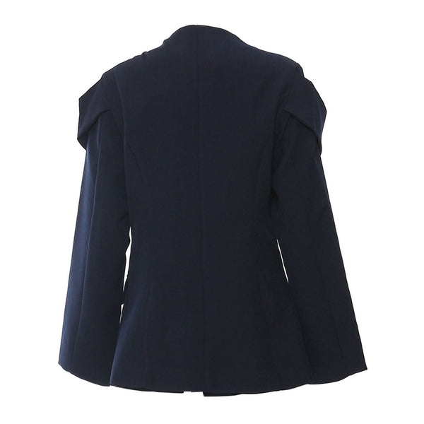 Elegant Mock Neck Pocketed Single Breasted Hybrid Layered Ruffle Blazer