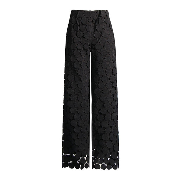 Elegant Monochrome Lacer Cut Pleated High Waist Wide Leg Pants