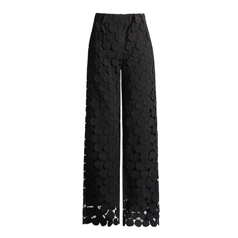 Elegant Monochrome Lacer Cut Pleated High Waist Wide Leg Pants