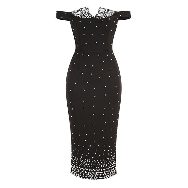 Elegant Off The Shoulder Faux Pearl Embellished Sheath Cocktail Midi Dress