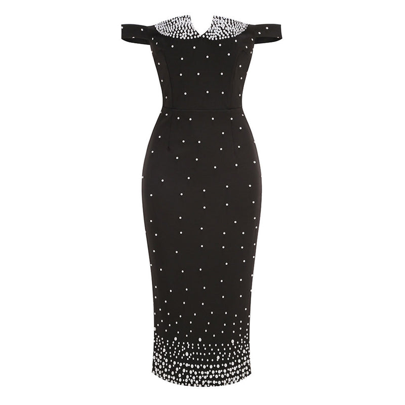 Elegant Off The Shoulder Faux Pearl Embellished Sheath Cocktail Midi Dress