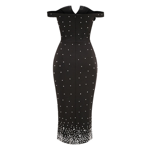 Elegant Off The Shoulder Faux Pearl Embellished Sheath Cocktail Midi Dress