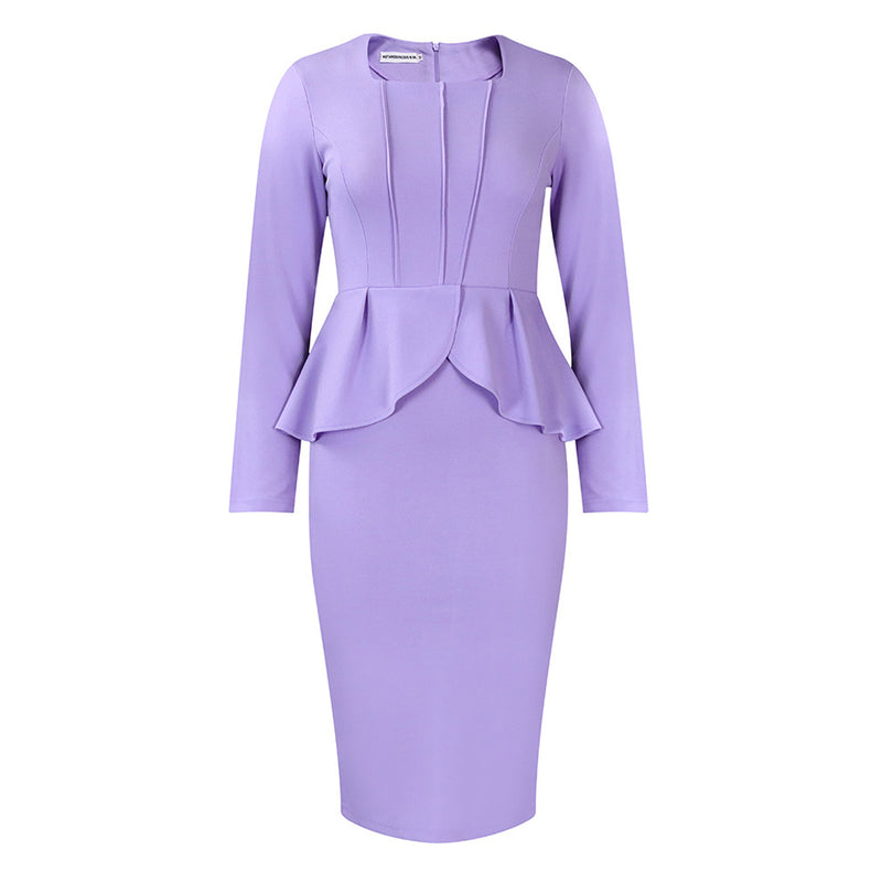 Elegant OL Square Neck Long Sleeve Peplum Sheath Pencil Midi Dress