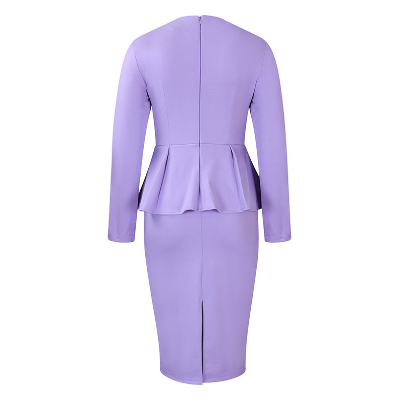 Elegant OL Square Neck Long Sleeve Peplum Sheath Pencil Midi Dress