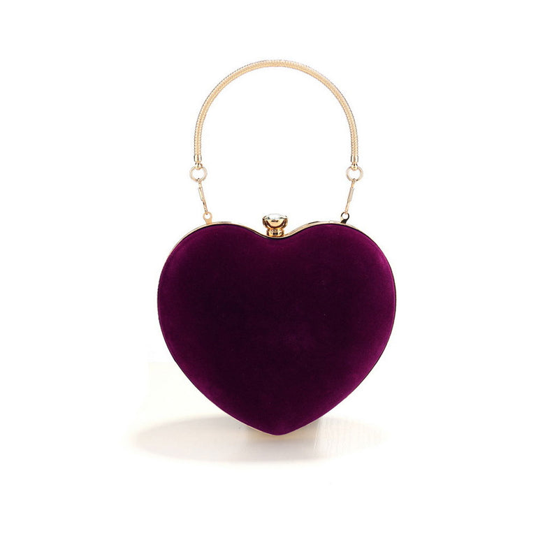 Elegant Rhinestone Metal Handle Heart Shape Velvet Evening Clutch Bag