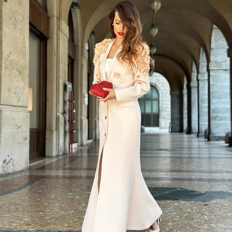 Elegant Rosette Applique Strong Shoulder Single Breasted Long Blazer Dress