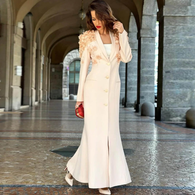 Elegant Rosette Applique Strong Shoulder Single Breasted Long Blazer Dress