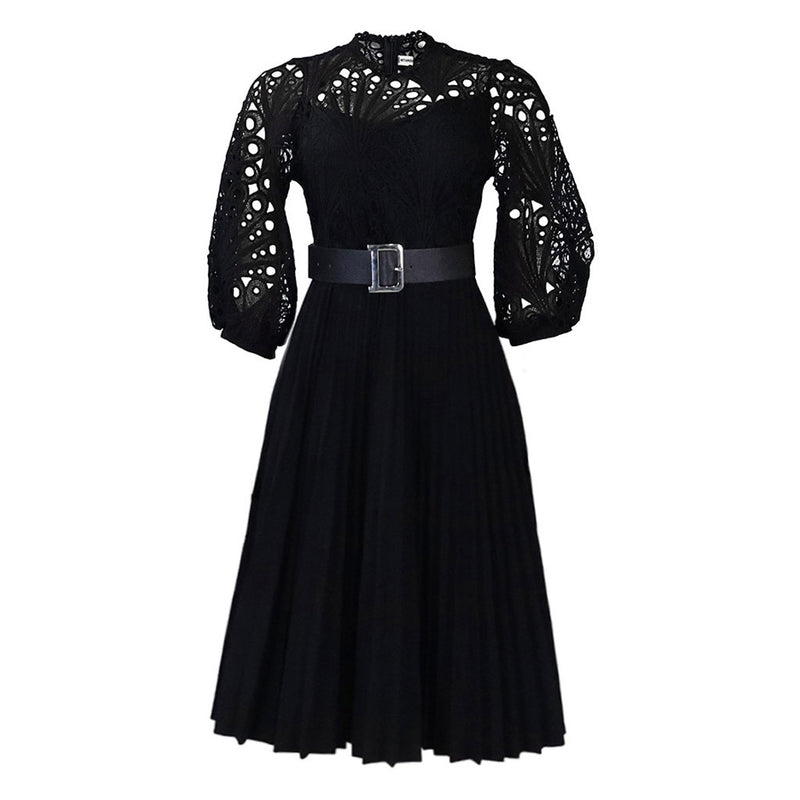 Elegant Scalloped High Neck Half Sleeve Cutwork Lace Pleated Midi Dress