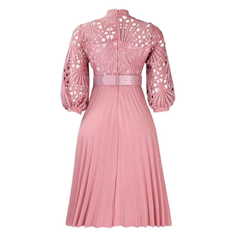 Elegant Scalloped High Neck Half Sleeve Cutwork Lace Pleated Midi Dress