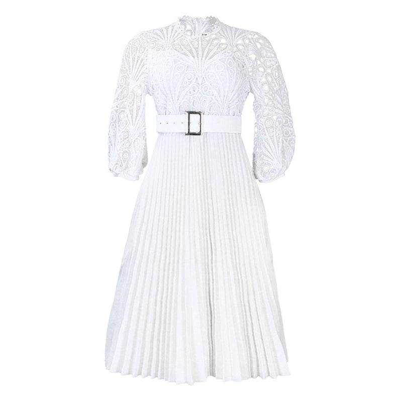 Elegant Scalloped High Neck Half Sleeve Cutwork Lace Pleated Midi Dress