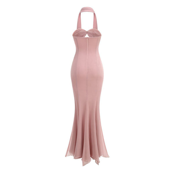 Elegant Scarf Neck Strapless Cutout Ruched Chiffon Godet Mermaid Maxi Dress