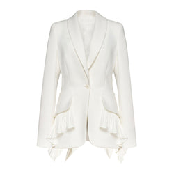 Elegant Shawl Collar Single Button Pleated Peplum Ruffle Cinched Waist Blazer