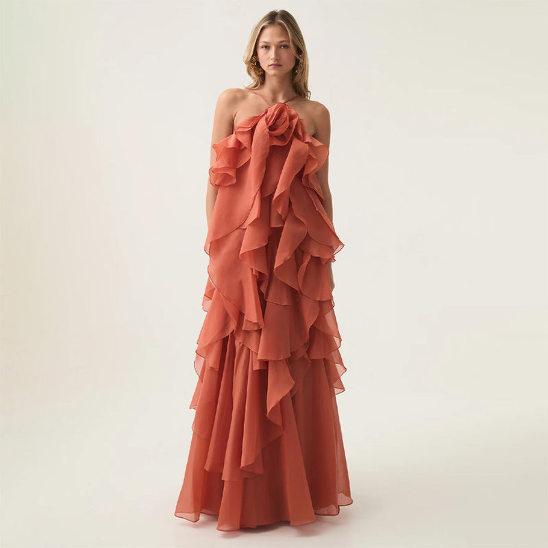 Ethereal Chiffon Rosette Tiered Ruffle Tie Backless Vacation Maxi Dress