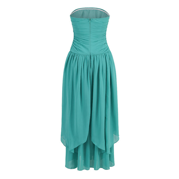 Ethereal Gathered Strapless Drop Waist High Split Ruched Chiffon Maxi Dress