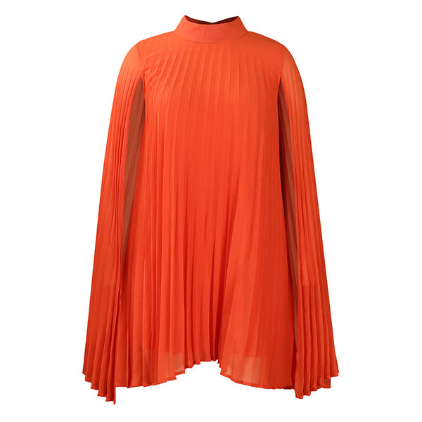 Ethereal High Neck Cape Sleeve Pleated Chiffon A Line Midi Party Dress