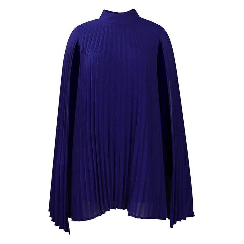 Ethereal High Neck Cape Sleeve Pleated Chiffon A Line Midi Party Dress