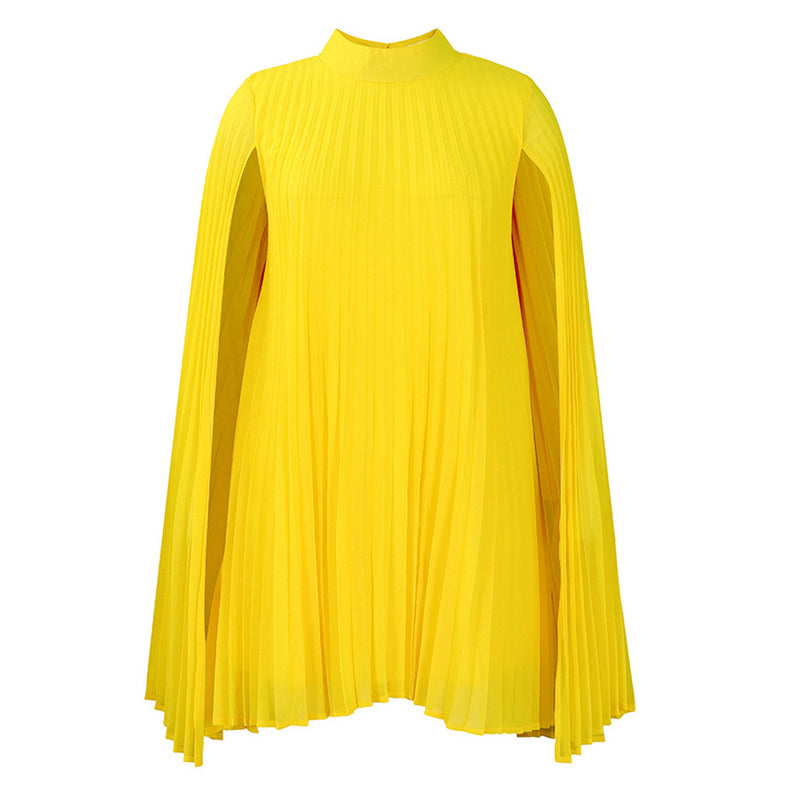 Ethereal High Neck Cape Sleeve Pleated Chiffon A Line Midi Party Dress