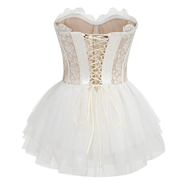 Ethereal Lace Bustier Corset Tiered Tulle Strapless Micro Mini Tutu Dress