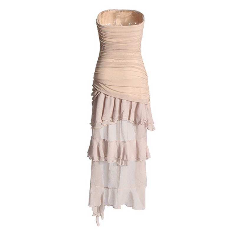 Ethereal Mesh Hybrid Chiffon Ruched Bodycon Layered Ruffle Tube Dress