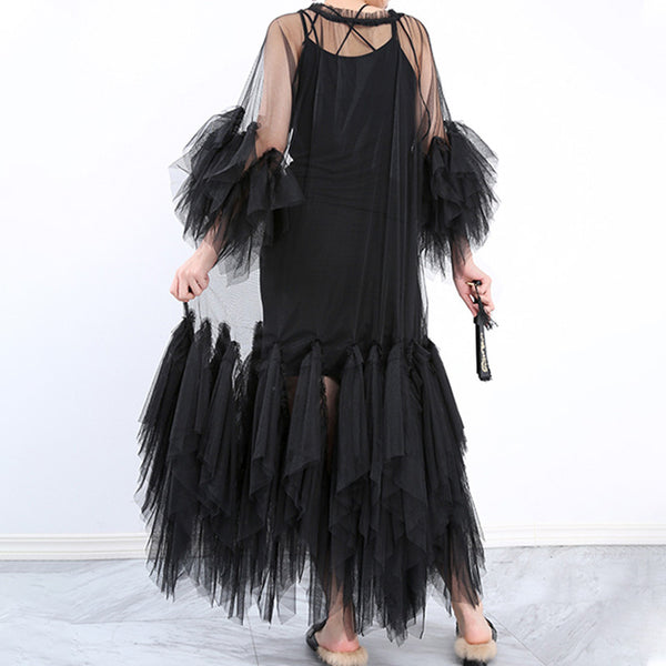 Ethereal Tiered Ruffle Crew Neck Short Sleeve A Line Maxi Sheer Tulle Dress