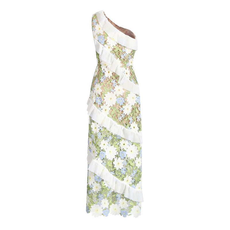 Retro Embroidered Floral Ruffle One Shoulder Sleeveless Vacation Maxi Dress