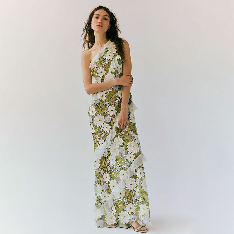 Retro Embroidered Floral Ruffle One Shoulder Sleeveless Vacation Maxi Dress