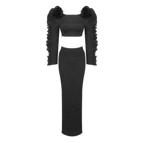 Exaggerated Ruffle Rosette Crop Top High Waist Maxi Rib Knit Skirt Matching Set