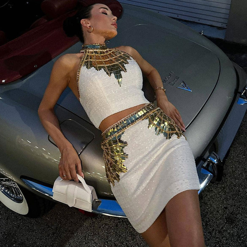 Exquisite Golden Tone Sequin Beaded Halter Neck Cropped Tweed Top