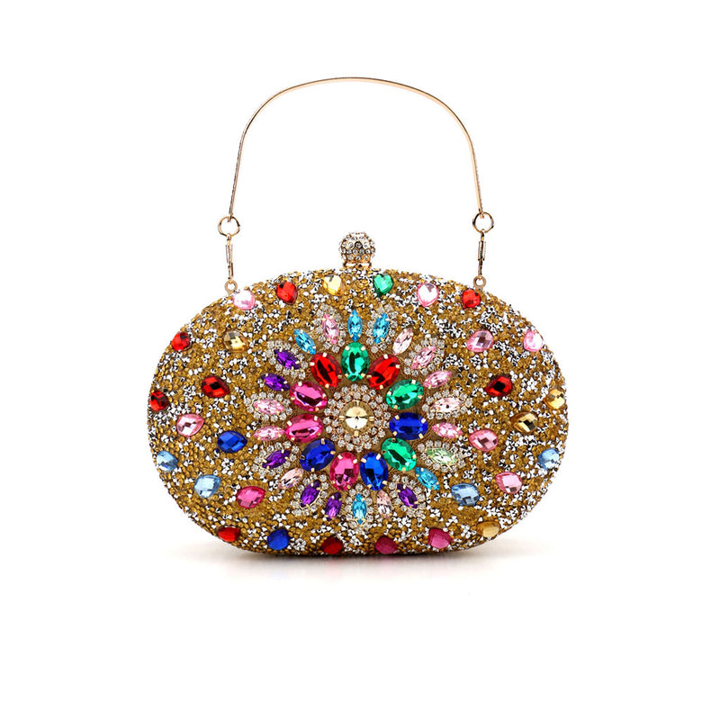 Extravagant Floral Crystal Embellished Metal Handle Oval Evening Clutch Bag