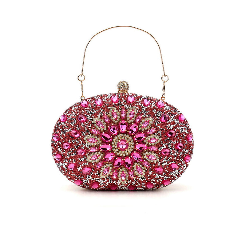 Extravagant Floral Crystal Embellished Metal Handle Oval Evening Clutch Bag