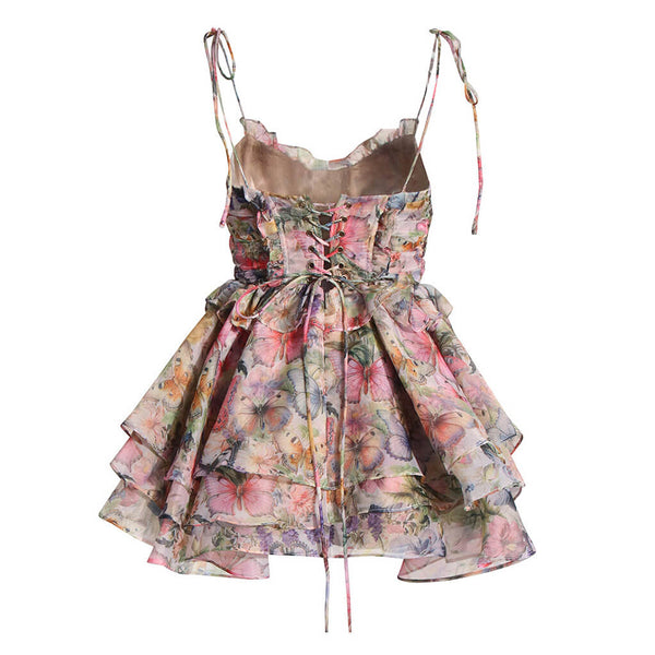 Fairy Butterfly Print Tie Strap High Waist Ruffle Tiered Micro Mini Sundress