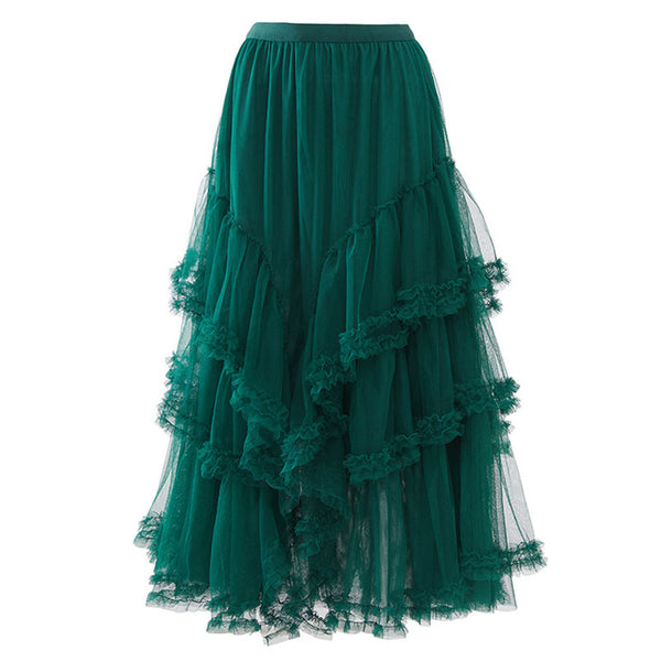 Fairy Ruched High Waist Stringy Selvedge Trim Ruffled Tiered Tulle Midi Skirt