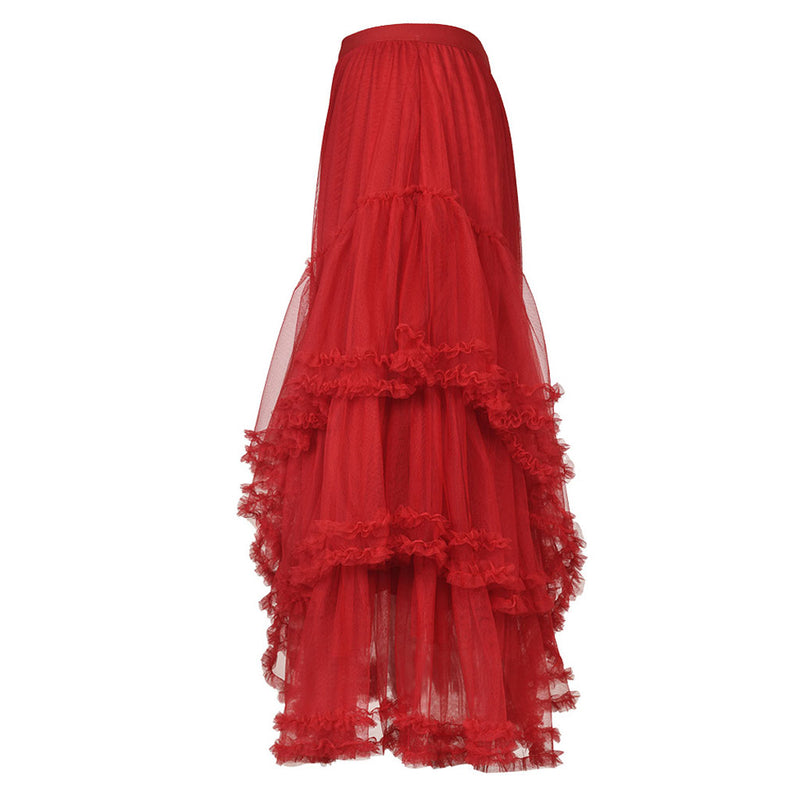 Fairy Ruched High Waist Stringy Selvedge Trim Ruffled Tiered Tulle Midi Skirt