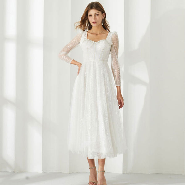 Fairy Sweetheart Neck Sheer Puff Sleeve Corset Sequin Midi Tulle Dress