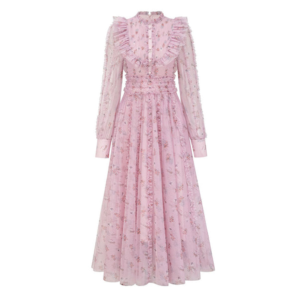 Fairytale Ruffle Mock Neck Puff Sleeve Floral Print Tulle Maxi Evening Dress