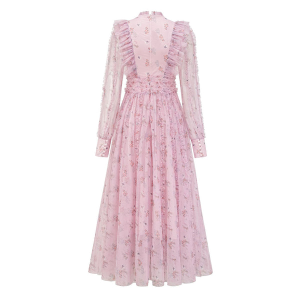 Fairytale Ruffle Mock Neck Puff Sleeve Floral Print Tulle Maxi Evening Dress