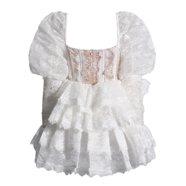 Fairytale Sweetheart Bustier Puff Sleeve Tiered Eyelash Lace Mini Dress