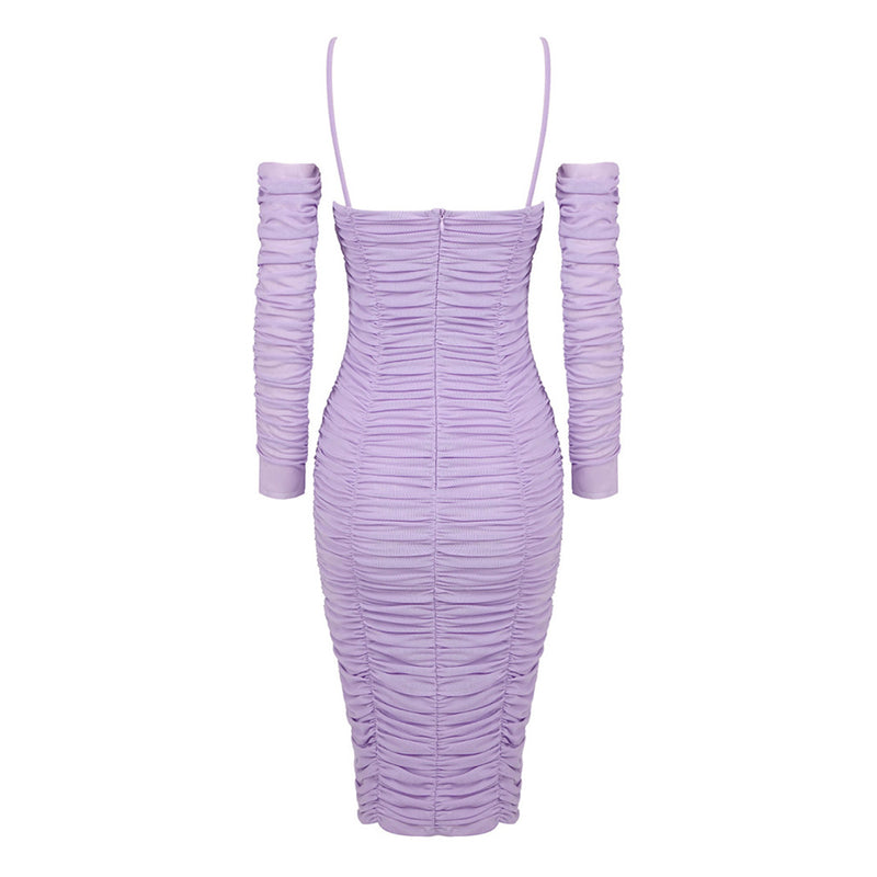 Feminine Spaghetti Strap Cutout Ruched Mesh Bodycon Rosette Midi Dress