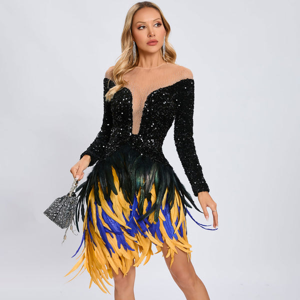 Festive Crystal Mesh Panel Sequin Velvet Faux Feather Mini Party Dress