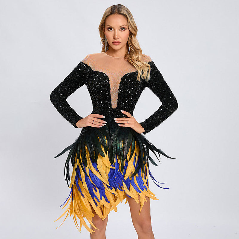 Festive Crystal Mesh Panel Sequin Velvet Faux Feather Mini Party Dress