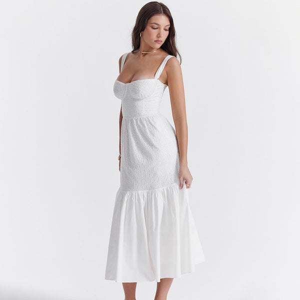 Floaty Sweetheart Neck Pocket Side Fit & Flare Broderie Anglaise Midi Sundress