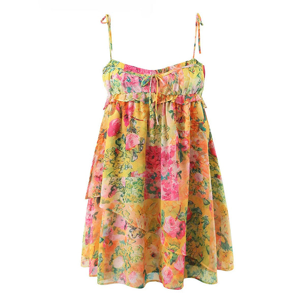 Flowy Boho Print Bow Tie Strap Tiered Chiffon Ruffled Babydoll Mini Sundres