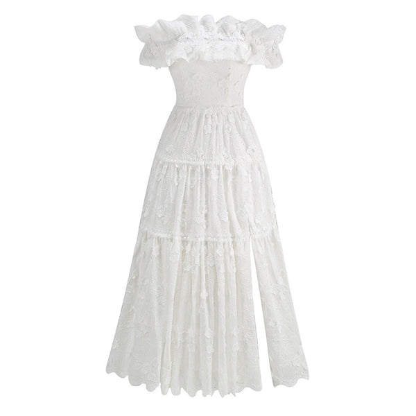 Flowy Ruffled Off Shoulder Smocked Broderie Anglaise Tiered Maxi Dress